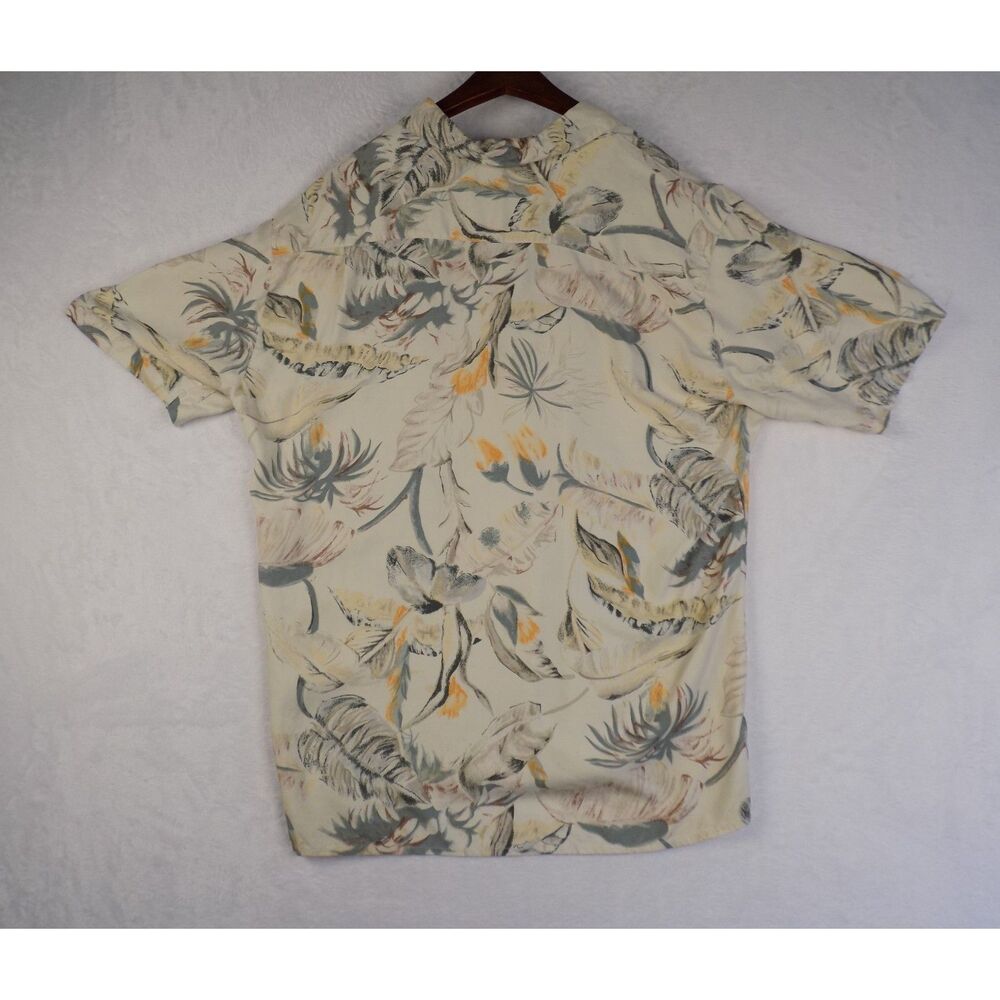 GH Bass Mens Silk Tropical Leaf Camp Shirt Large Tan‎ Grey Short Sleeve